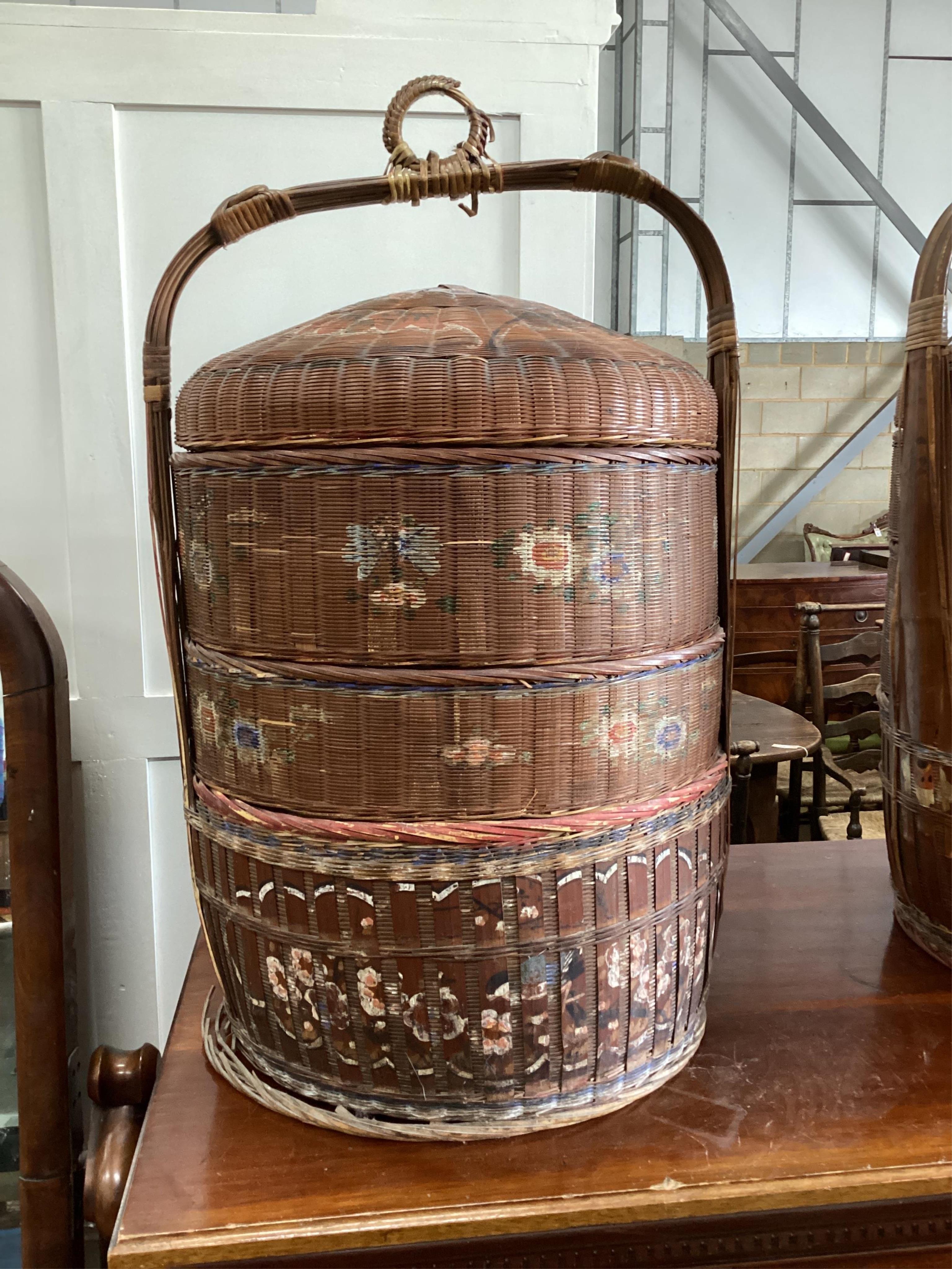 A pair of painted Japanese wedding baskets, height 70cm